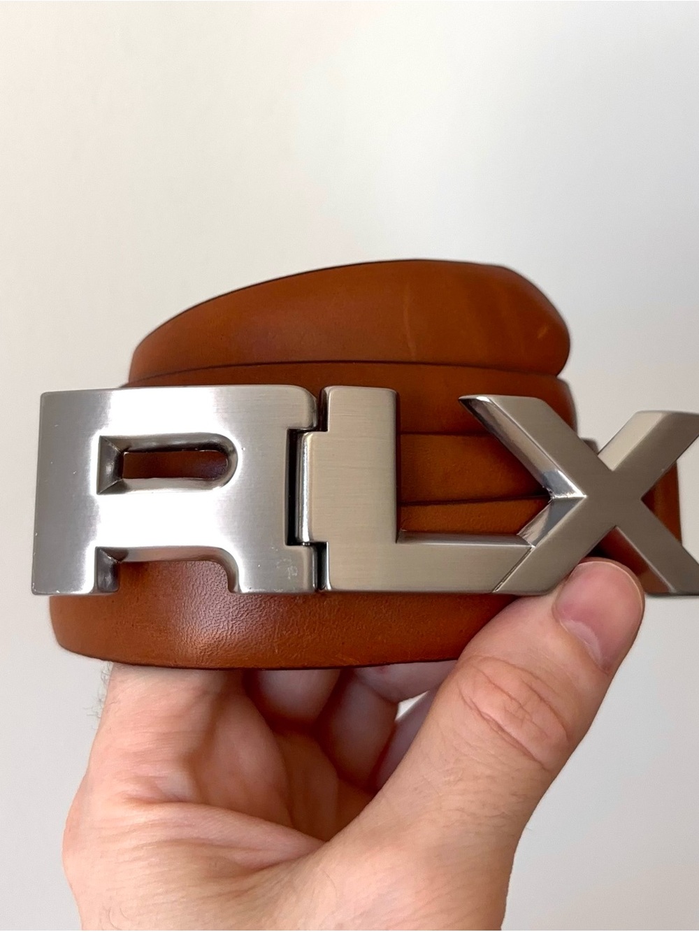 Ralph Lauren Polo Golf RLX Buckle Logo Belt Size 34 Tan Brown Italian Leather